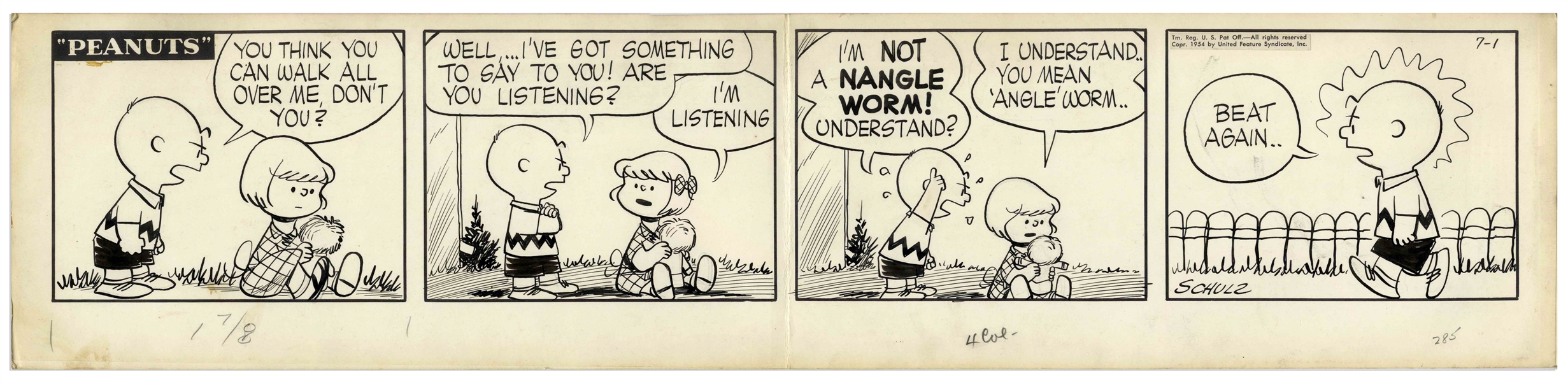 Charles Schulz Original Hand-Drawn ''Peanuts'' Comic Strip From 1954 -- Featuring Charlie Brown & His Frenemy Patty